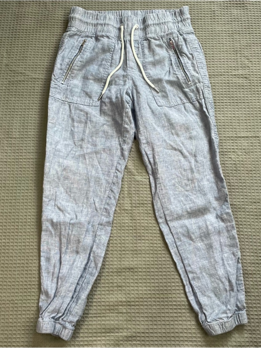 Athleta Cabo Linen Jogger Pants 0P 0 Petite Womens Blue Beach Coastal